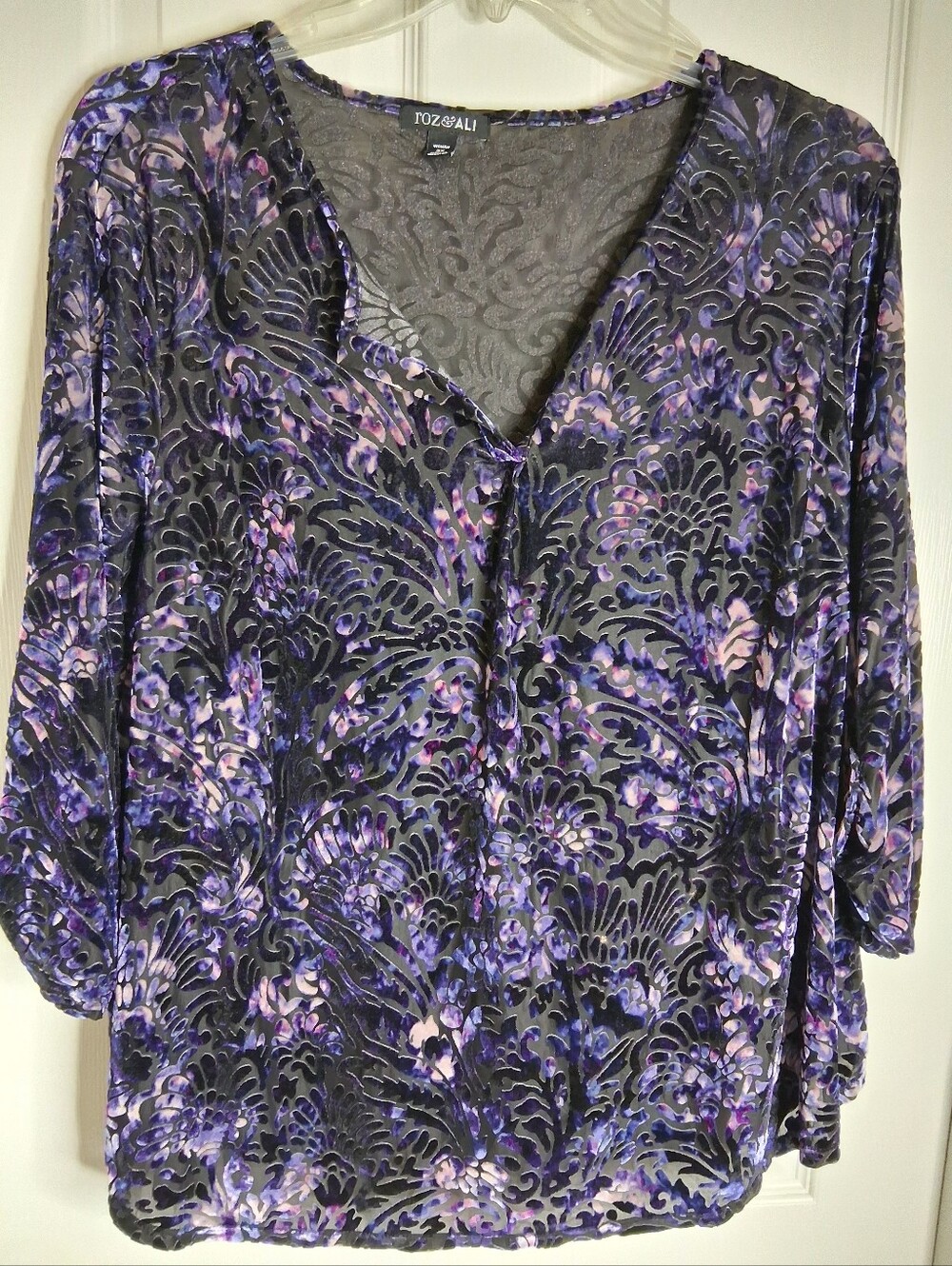 Roz & Ali Purple Floral Velvet Burnout V-Neck Top Gothic, Fairycore, Romantic 3X